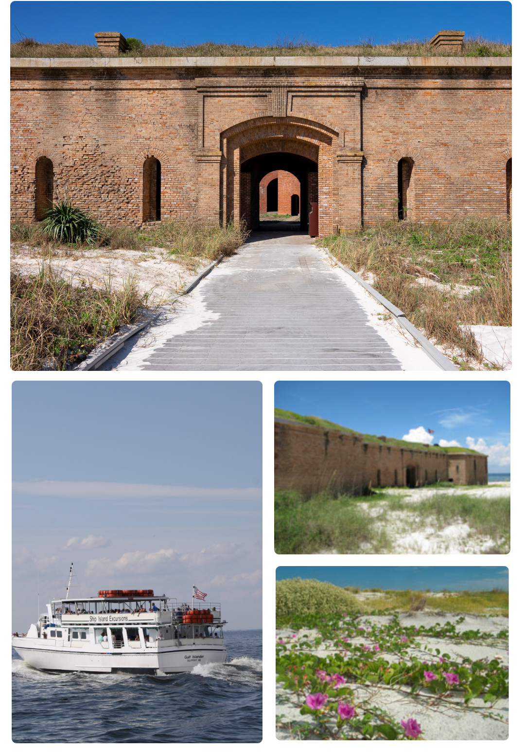 photo collage showing a building, the beach, and a ship in a body of water